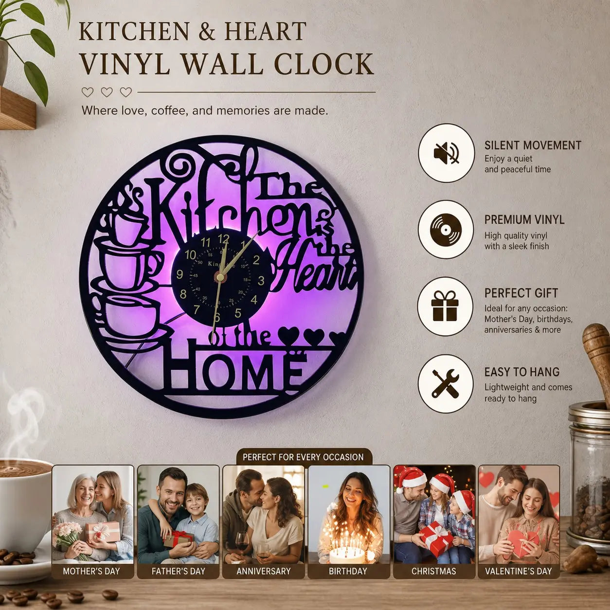 12-Inch Kitchen Decorative Clock Vinyl Record Design with LED Light, Lighted Wall Clock, Led Wall Clocks, Creative Home Decor & Coffee Bar Decoration, Decoration Items, Gift Ready, Perfect Gift for Party Birthday